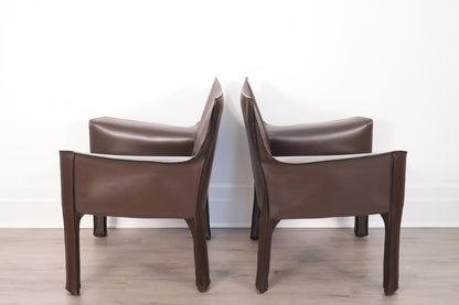 Pair Brown Leather Mario Bellini for Cassina Cab 414 Lounge Chairs Italy