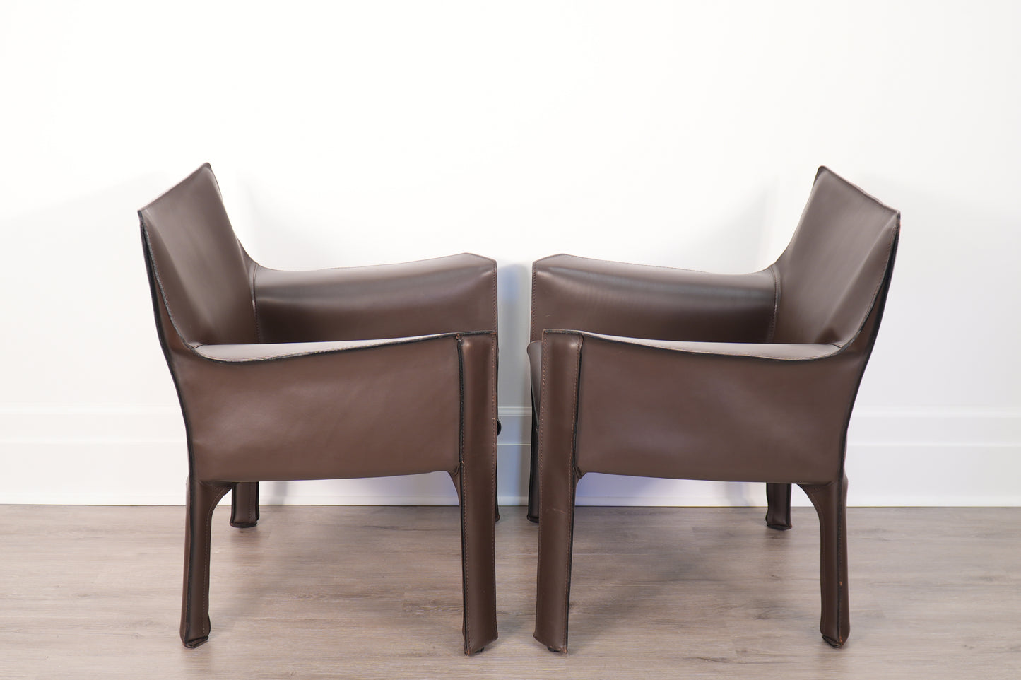Pair Brown Leather Mario Bellini for Cassina Cab 414 Lounge Chairs Italy