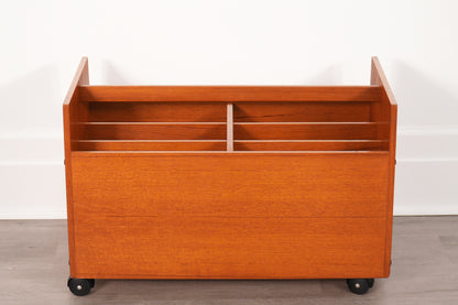 Bruksbo 1970s Norwegian Teak Rolling Vinyl Record or Magazine Caddy