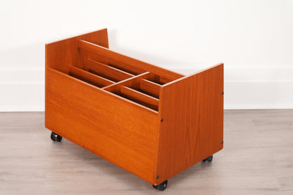 Bruksbo 1970s Norwegian Teak Rolling Vinyl Record or Magazine Caddy