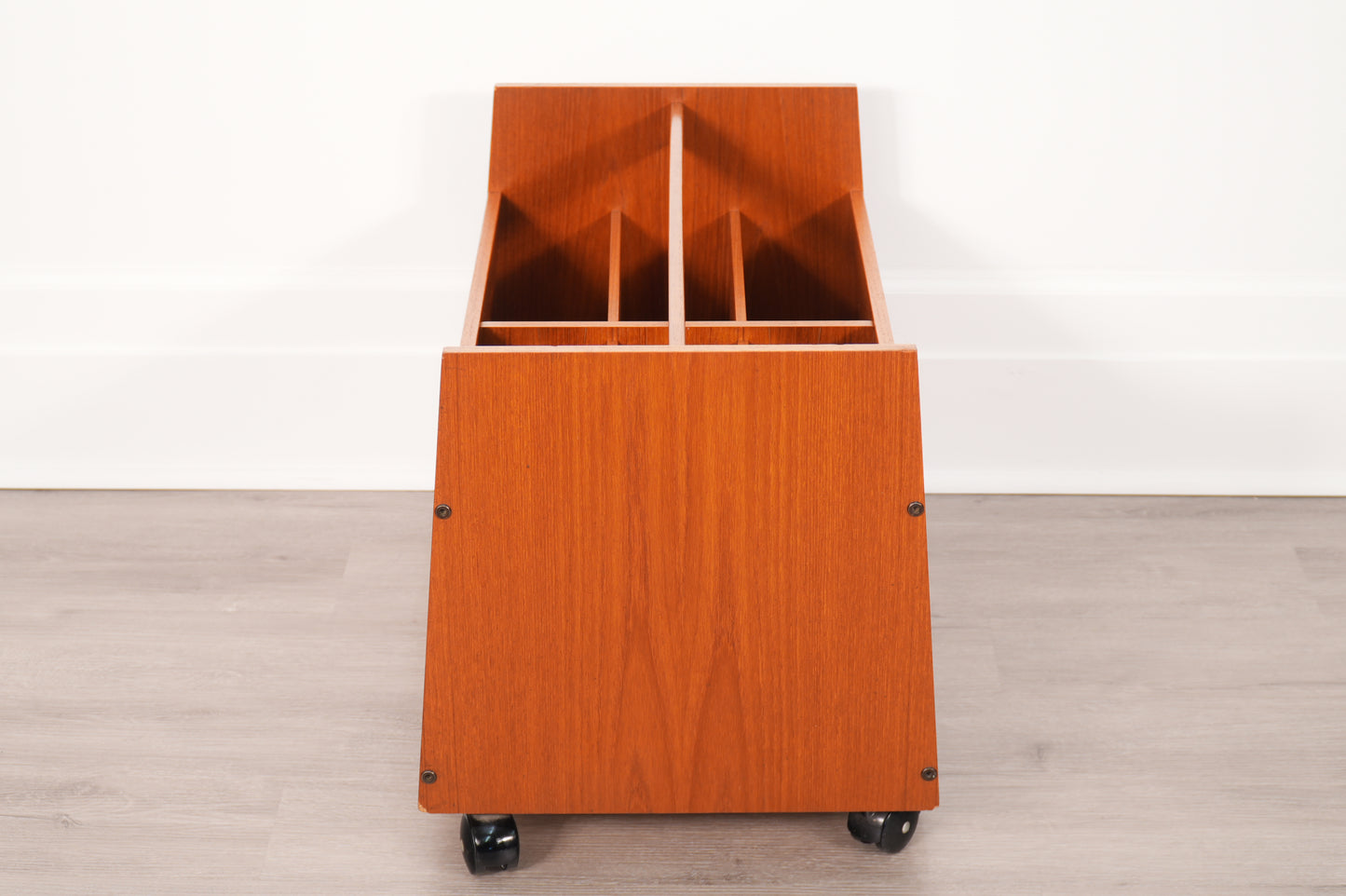 Bruksbo 1970s Norwegian Teak Rolling Vinyl Record or Magazine Caddy