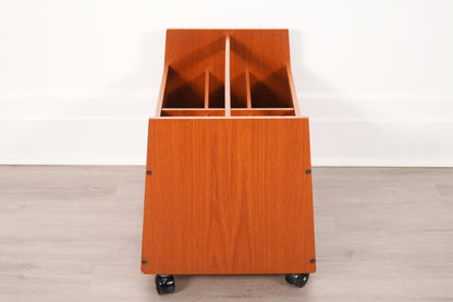 Bruksbo 1970s Norwegian Teak Rolling Vinyl Record or Magazine Caddy