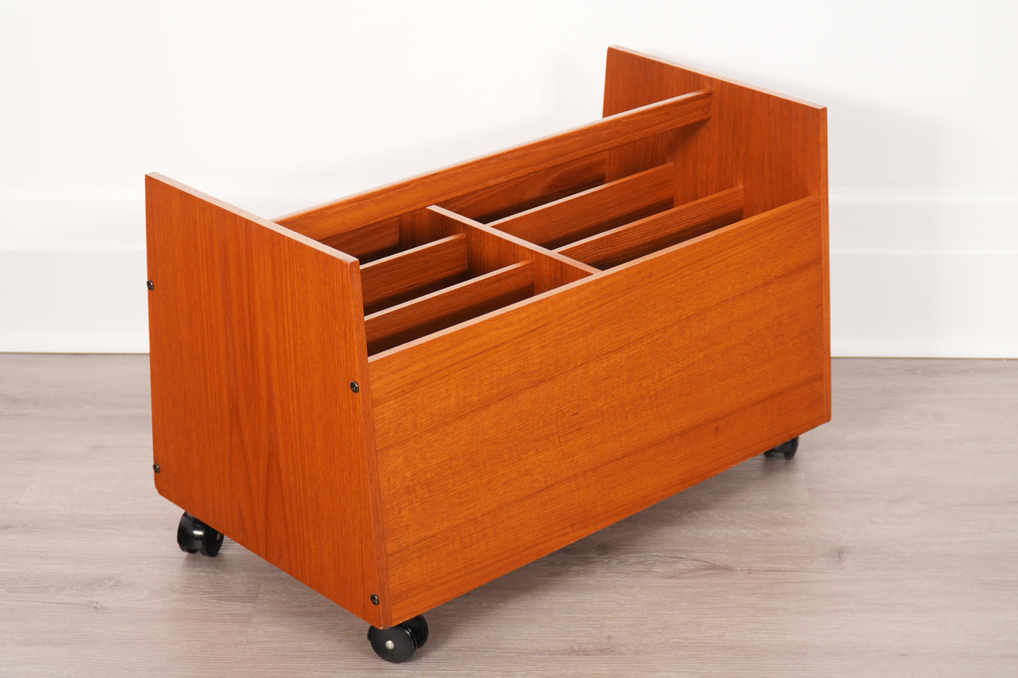 Bruksbo 1970s Norwegian Teak Rolling Vinyl Record or Magazine Caddy