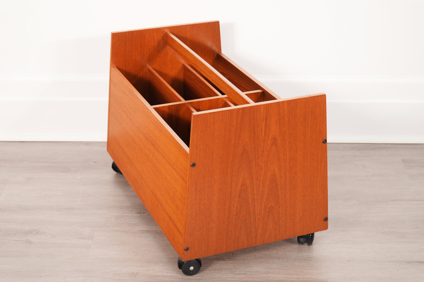 Bruksbo 1970s Norwegian Teak Rolling Vinyl Record or Magazine Caddy