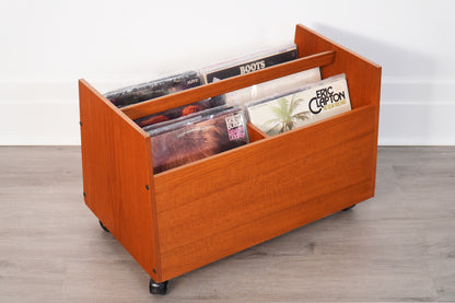 Bruksbo 1970s Norwegian Teak Rolling Vinyl Record or Magazine Caddy