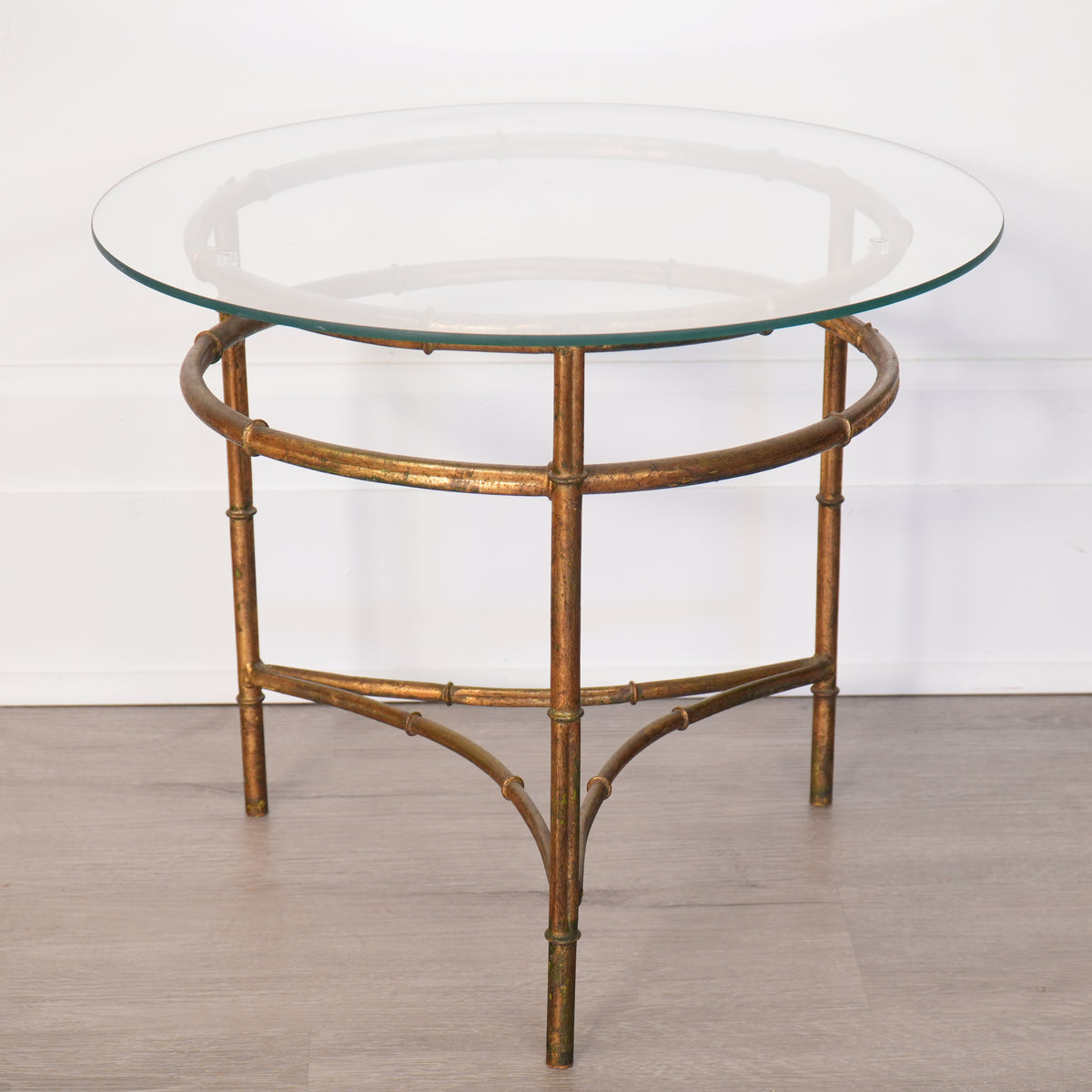 Gold Gilt Faux Bamboo Round Glass-Top Side Table