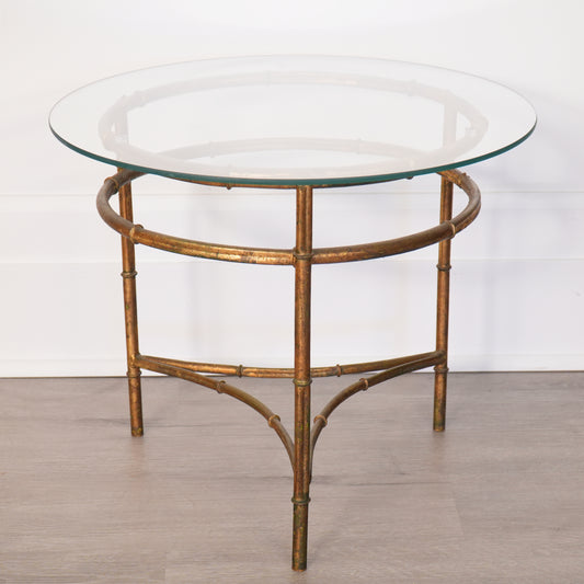 Gold Gilt Faux Bamboo Round Glass-Top Side Table