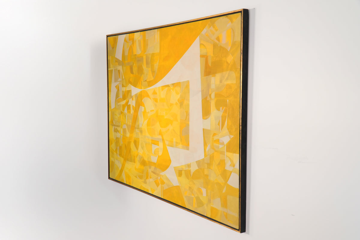 Vintage Mid-Century Modern Yellow & White Abstract Geometric Painting - 47" x 37"
