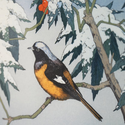 Toshi Yoshida Original Framed Winter Bird Woodblock Print Signed