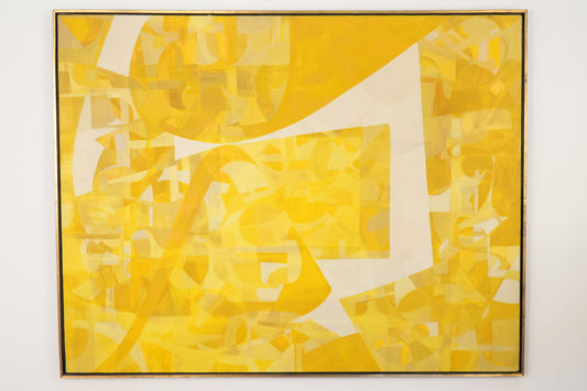 Vintage Mid-Century Modern Yellow & White Abstract Geometric Painting - 47" x 37"