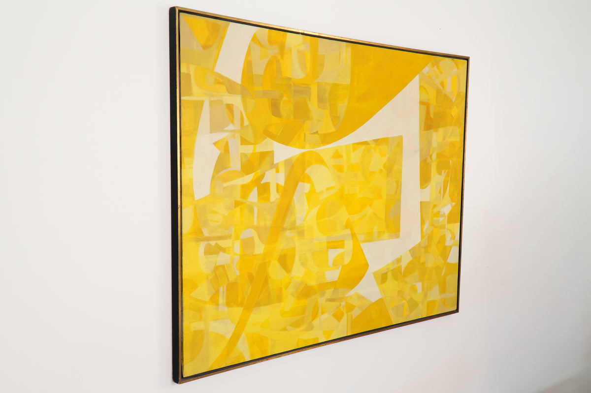Vintage Mid-Century Modern Yellow & White Abstract Geometric Painting - 47" x 37"