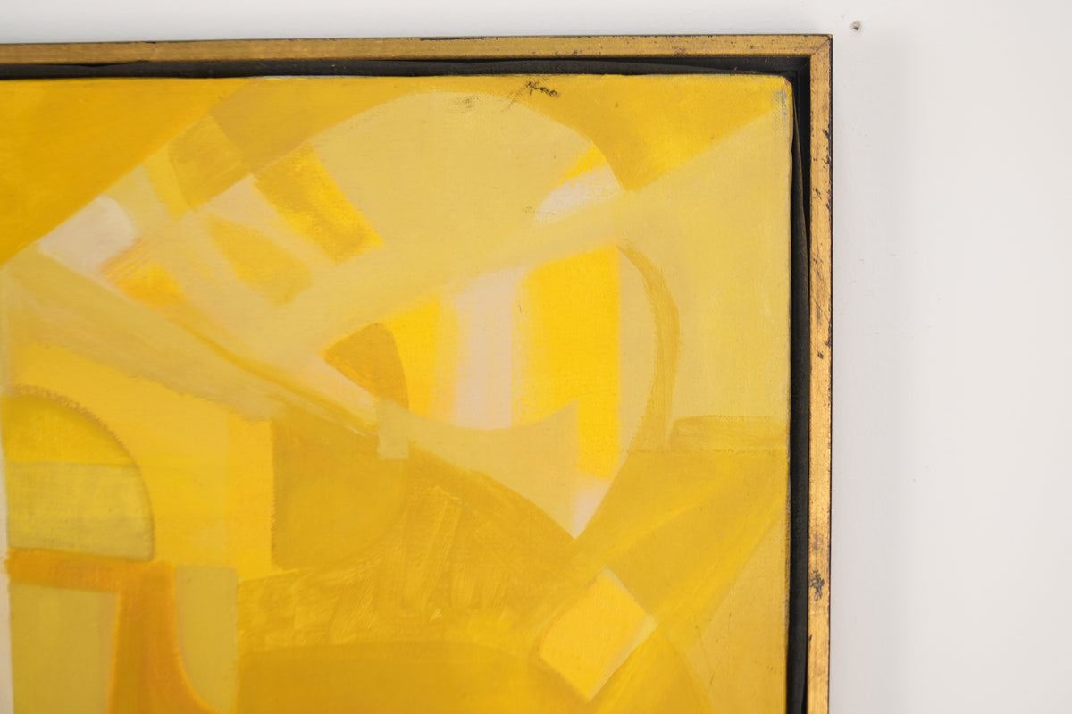 Vintage Mid-Century Modern Yellow & White Abstract Geometric Painting - 47" x 37"