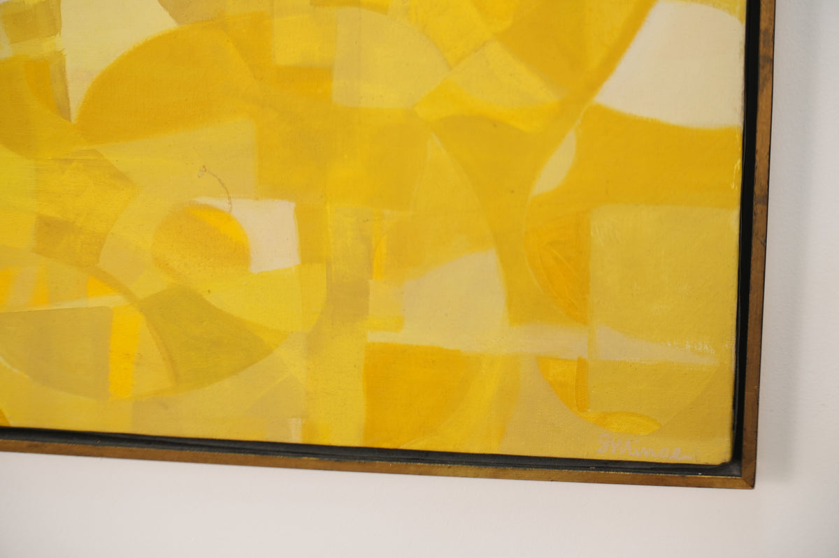 Vintage Mid-Century Modern Yellow & White Abstract Geometric Painting - 47" x 37"