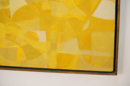 Vintage Mid-Century Modern Yellow & White Abstract Geometric Painting - 47" x 37"