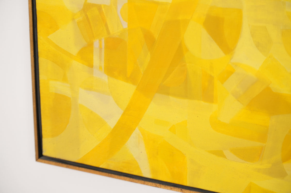 Vintage Mid-Century Modern Yellow & White Abstract Geometric Painting - 47" x 37"