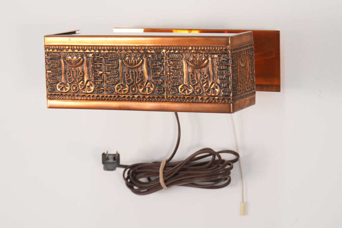 Mid Century Ornate Hand Tooled Copper Frosted Glass Wall Lamp Light