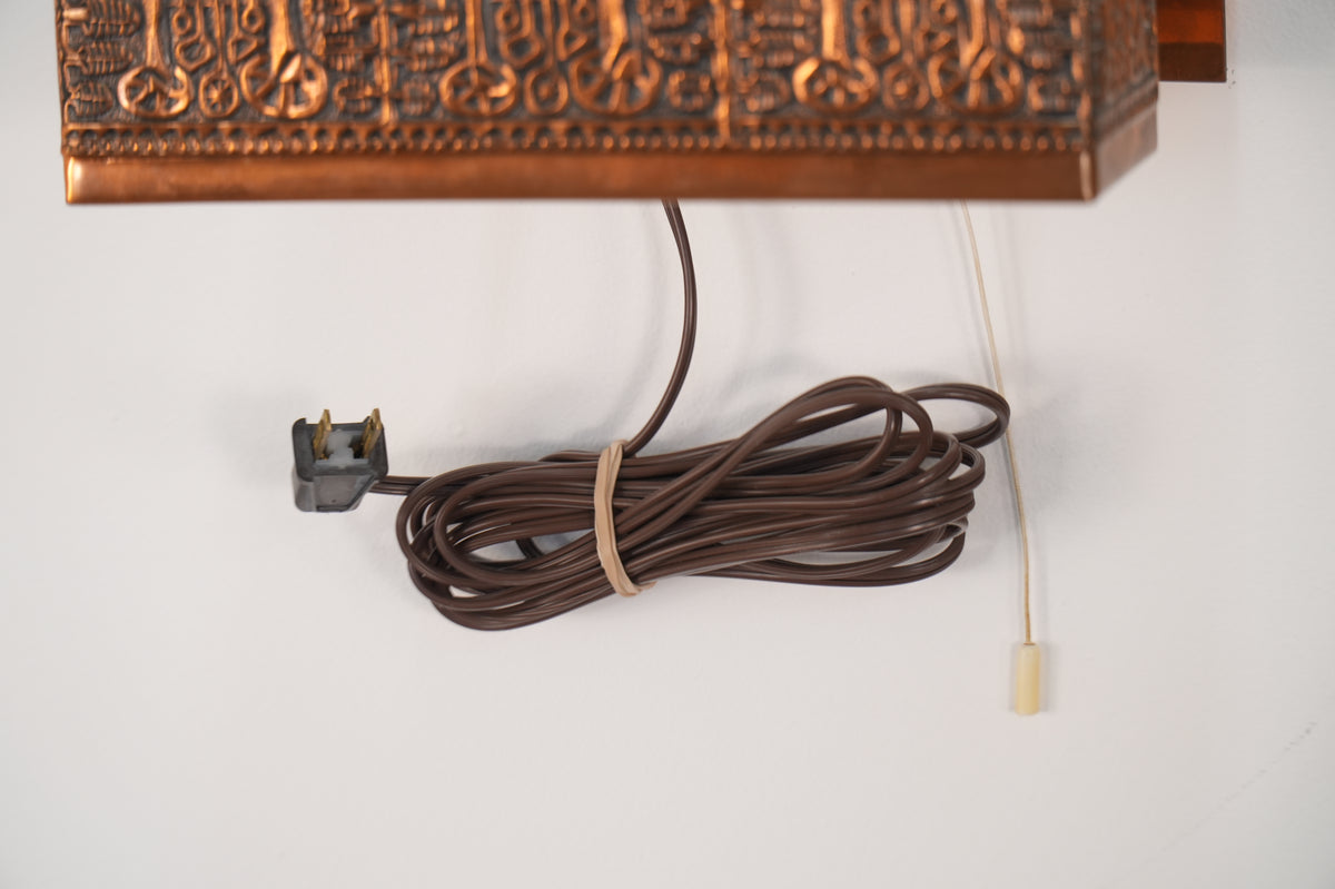 Mid Century Ornate Hand Tooled Copper Frosted Glass Wall Lamp Light