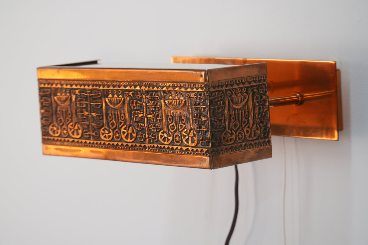 Mid Century Ornate Hand Tooled Copper Frosted Glass Wall Lamp Light
