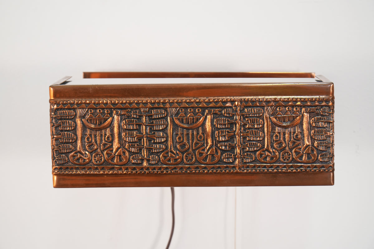 Mid Century Ornate Hand Tooled Copper Frosted Glass Wall Lamp Light