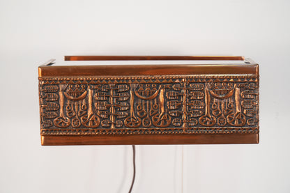 Mid Century Ornate Hand Tooled Copper Frosted Glass Wall Lamp Light