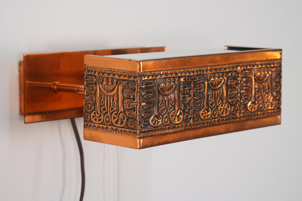 Mid Century Ornate Hand Tooled Copper Frosted Glass Wall Lamp Light