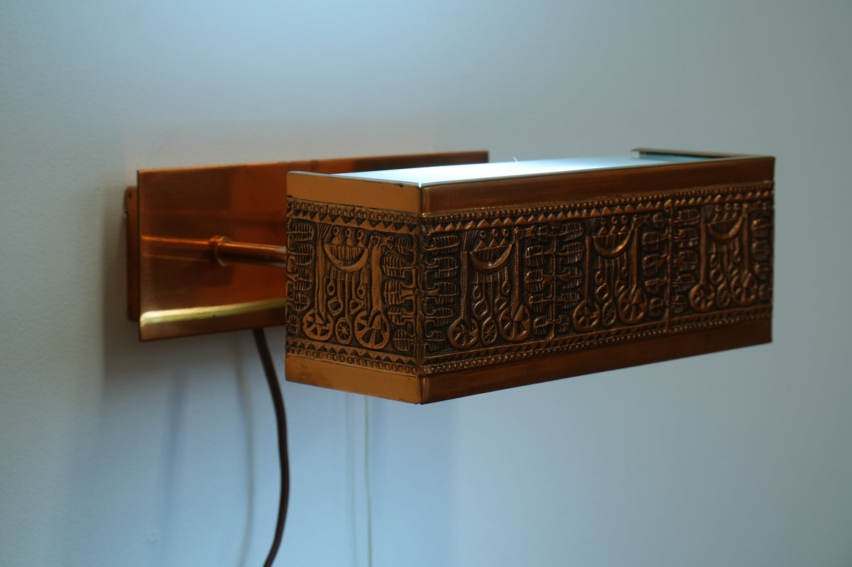 Mid Century Ornate Hand Tooled Copper Frosted Glass Wall Lamp Light