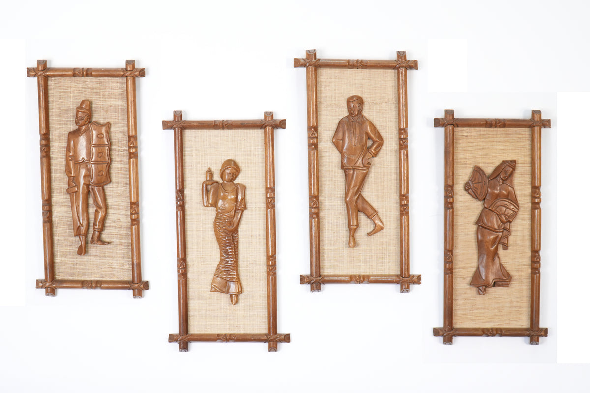 Set of 4 Mid Century Wall Plaques w/ Carved Teak Frames & Figures on Fiber