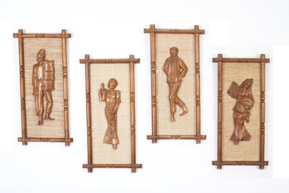 Set of 4 Mid Century Wall Plaques w/ Carved Teak Frames & Figures on Fiber