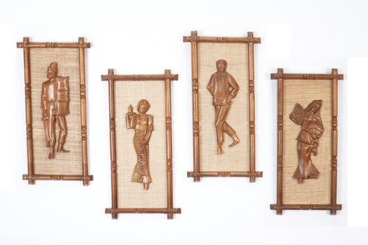 Set of 4 Mid Century Wall Plaques w/ Carved Teak Frames & Figures on Fiber