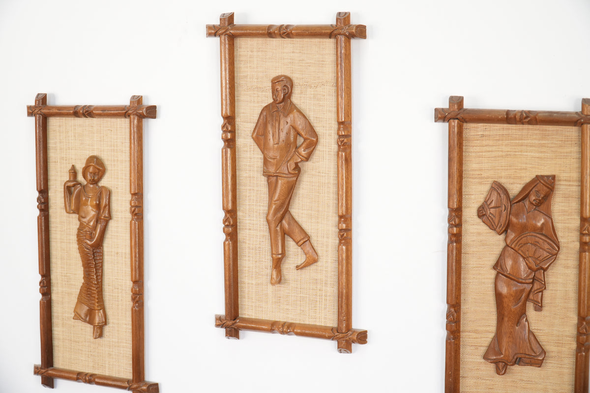 Set of 4 Mid Century Wall Plaques w/ Carved Teak Frames & Figures on Fiber