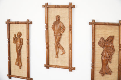 Set of 4 Mid Century Wall Plaques w/ Carved Teak Frames & Figures on Fiber