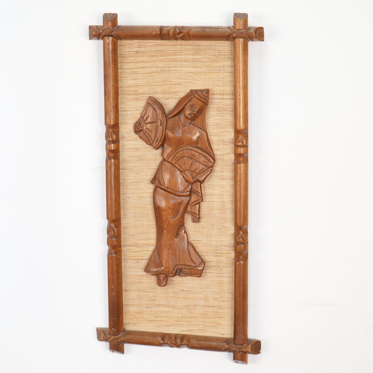 Set of 4 Mid Century Wall Plaques w/ Carved Teak Frames & Figures on Fiber