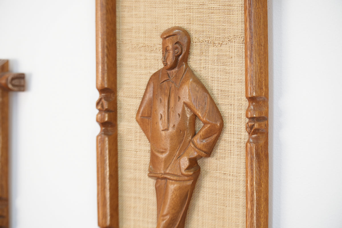 Set of 4 Mid Century Wall Plaques w/ Carved Teak Frames & Figures on Fiber