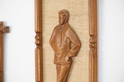 Set of 4 Mid Century Wall Plaques w/ Carved Teak Frames & Figures on Fiber