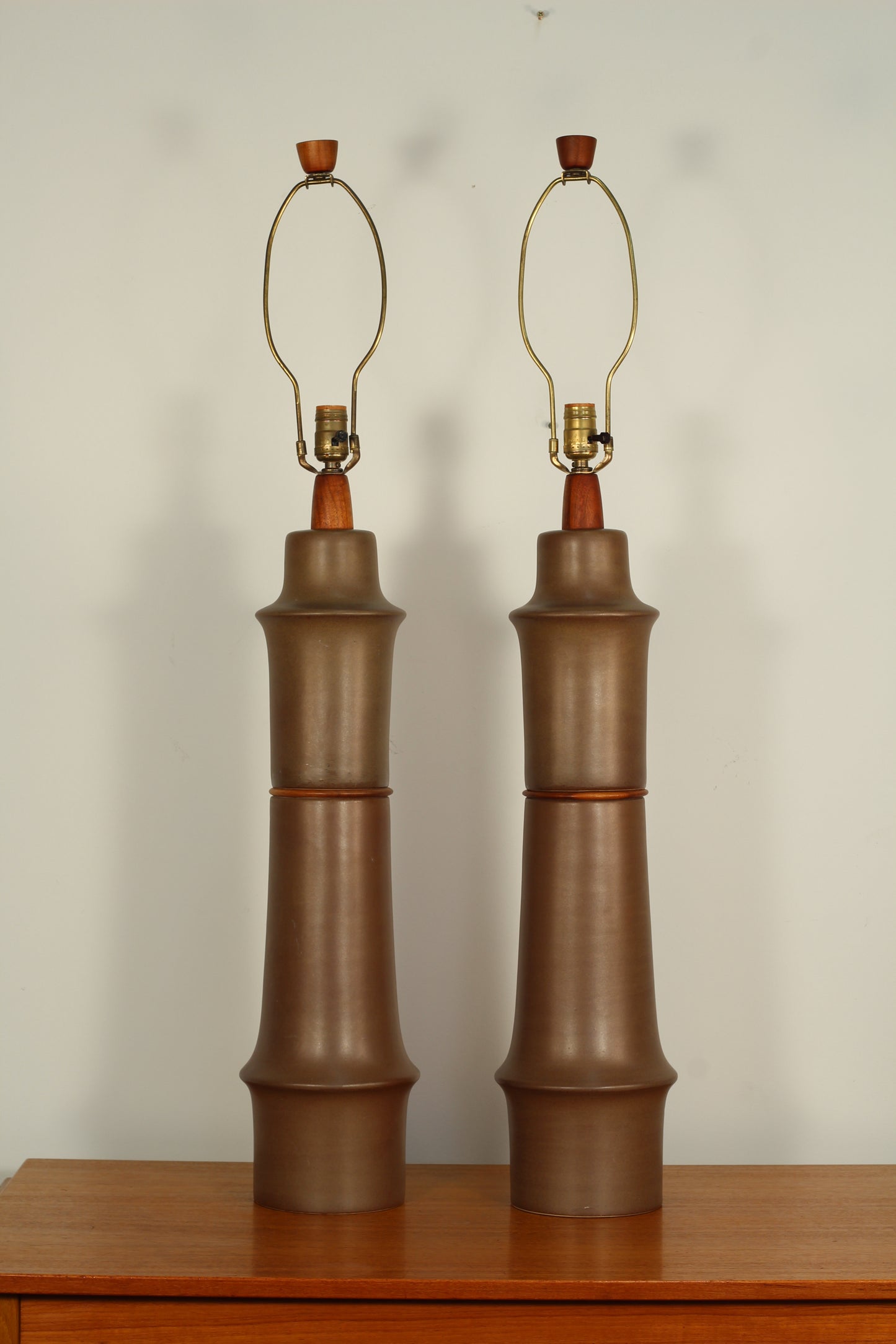 Martz Ceramic Lamps With Teak Accents - a Pair