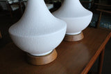 Tall Mid-Century White Ceramic & Teak Lamps - Pair