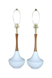 Tall Mid-Century White Ceramic & Teak Lamps - Pair