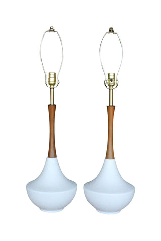 Tall Mid-Century White Ceramic & Teak Lamps - Pair