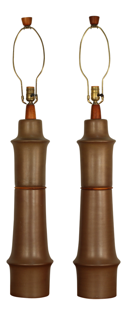 Martz Ceramic Lamps With Teak Accents - a Pair