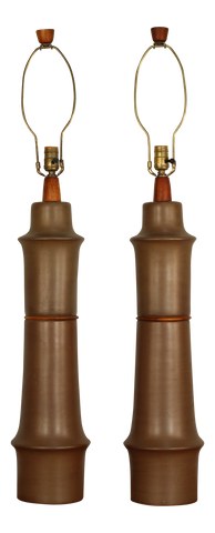 Martz Ceramic Lamps With Teak Accents - a Pair