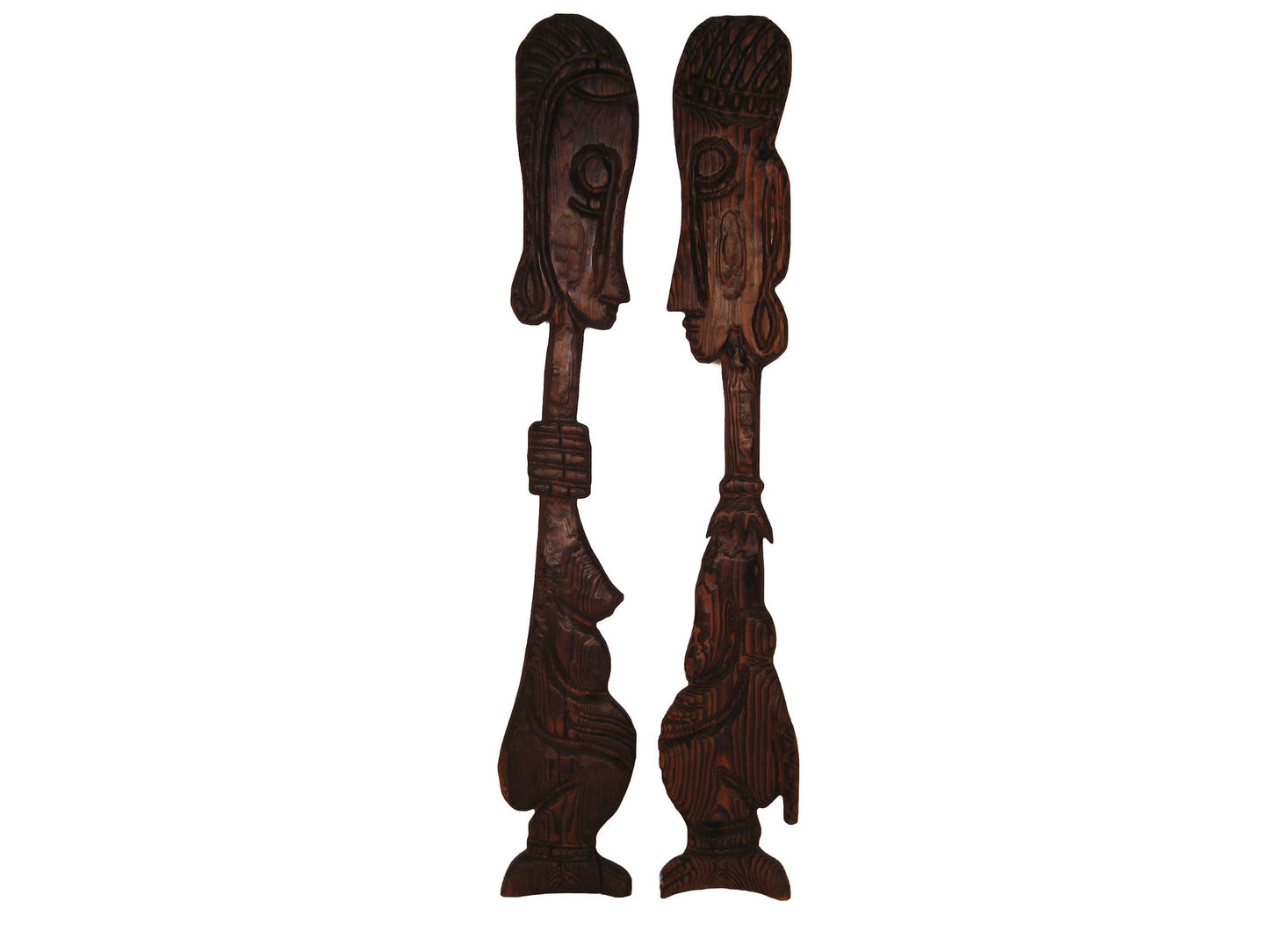 Pair Huge Witco Burnt Wood Figural Wall Hangings